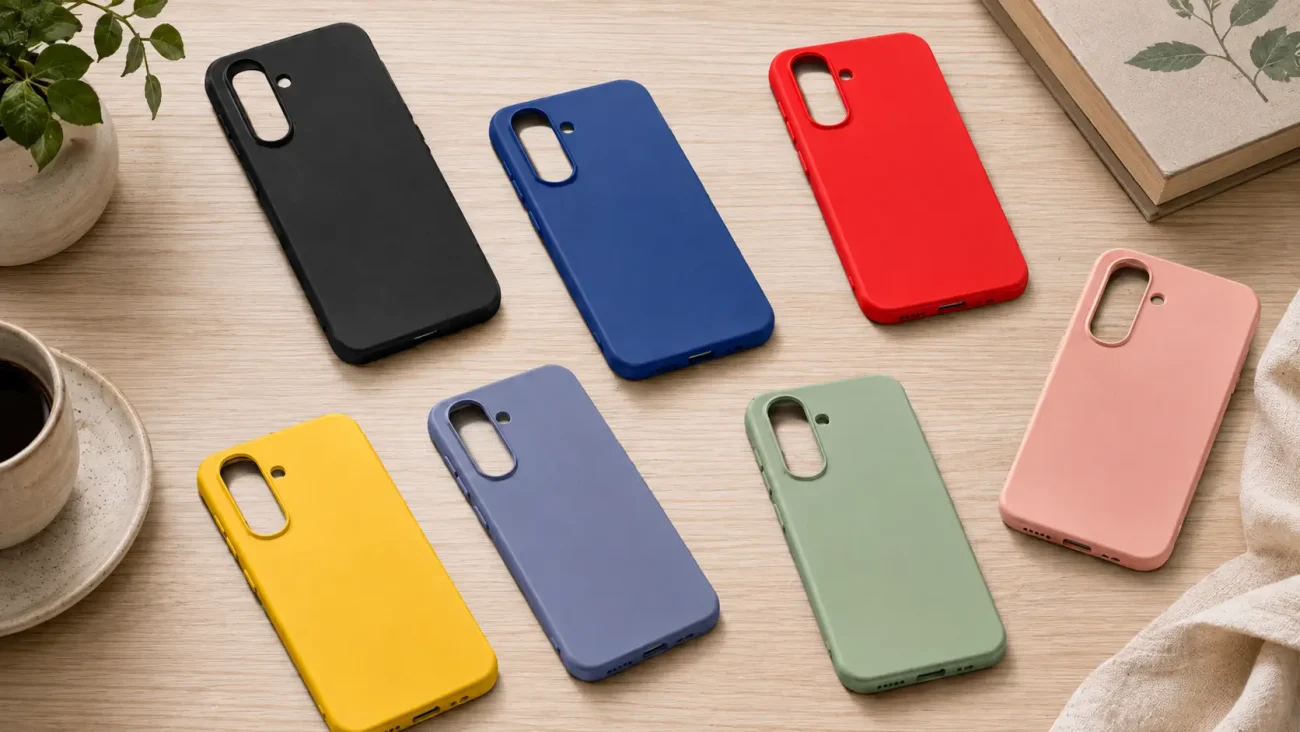 PremiumMAT ovitki za Samsung Galaxy A26 5G | Poceni-Ovitki.si Eight colorful phone cases in black, blue, red, yellow, purple, light blue, green, and pink laid out on a light wooden table with a coffee cup and plant nearby.
