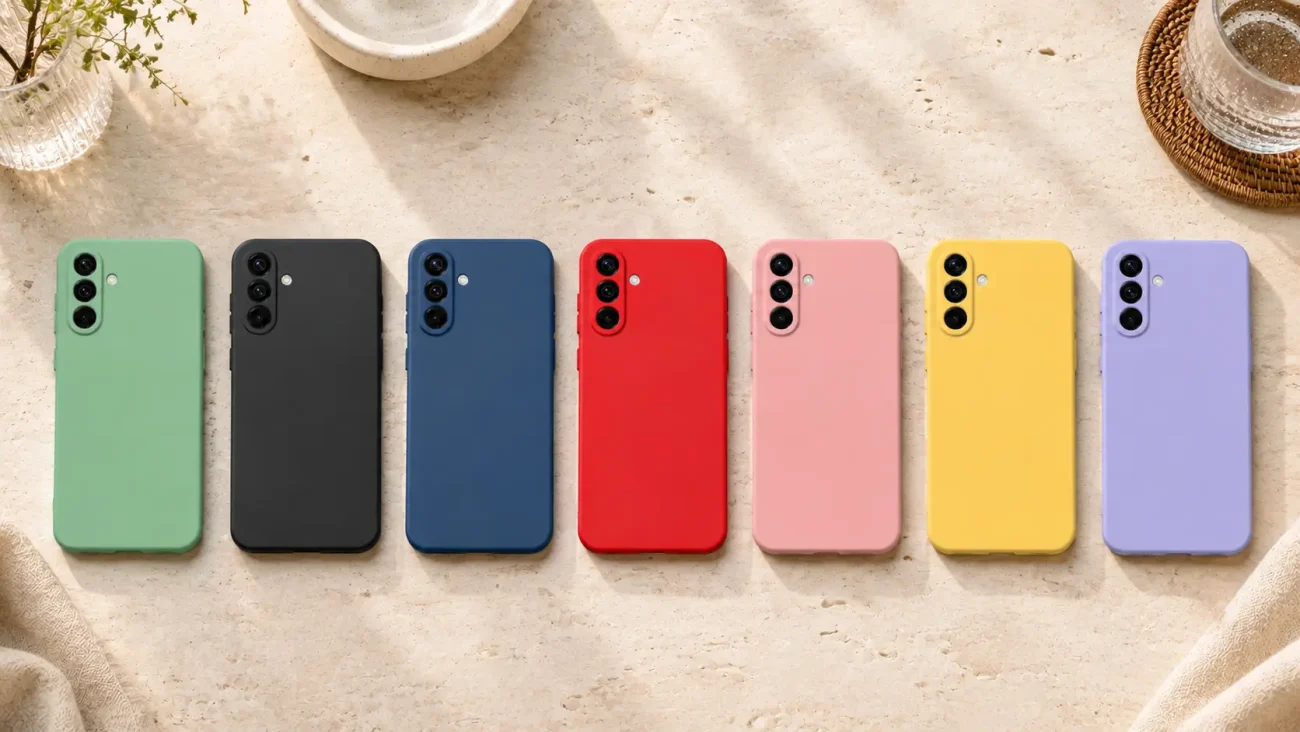 PremiumMAT ovitki za Samsung Galaxy A27 5G | Poceni-Ovitki.si Seven smartphones in pastel colors lined up on a beige stone surface, showing back with triple-camera modules and flash.