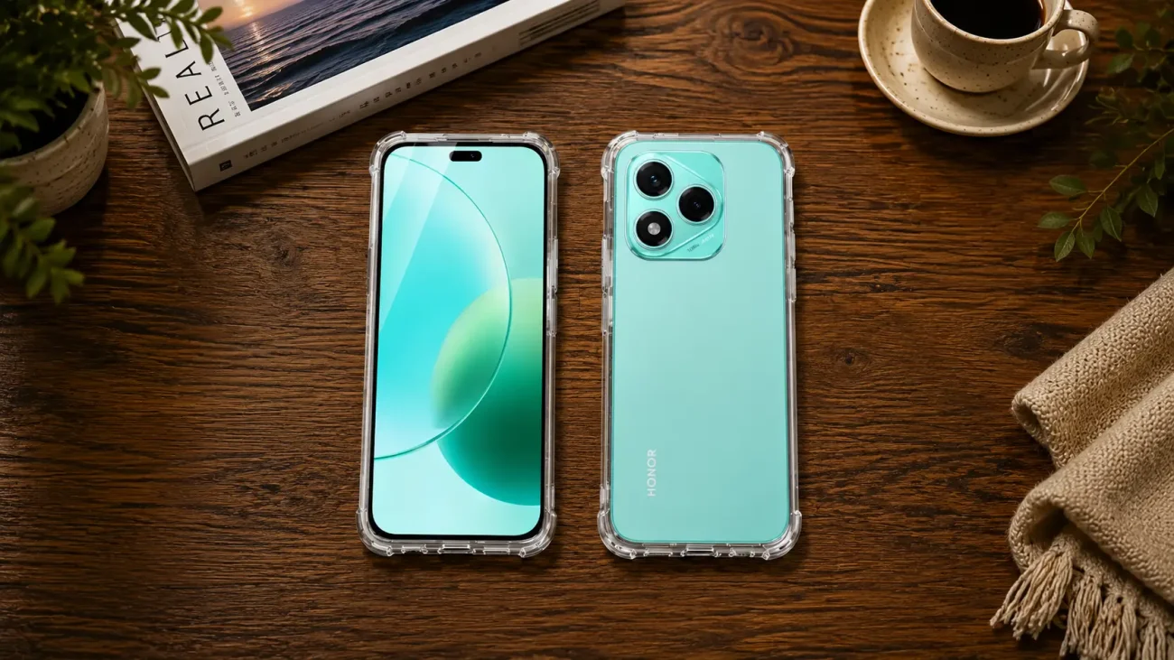 Prozoren ovitek za Honor 400 Lite | Poceni-Ovitki.si Two turquoise Honor smartphones in clear protective cases lie on a wooden table, showing front and back views with a coffee cup nearby.
