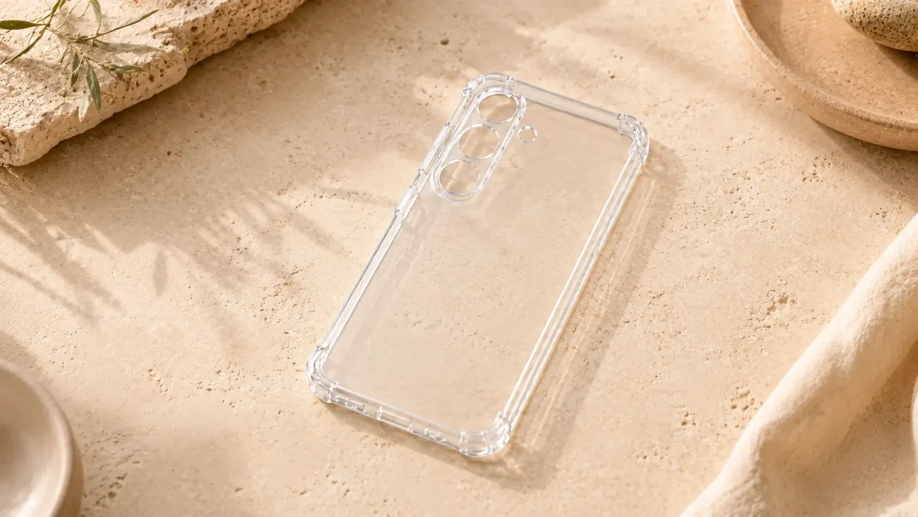 Prozoreni ovitki za Samsung Galaxy A27 5G | Poceni-Ovitki.si Transparent phone case for a multi-camera smartphone lying on a beige textured surface, showcasing the camera cutouts.