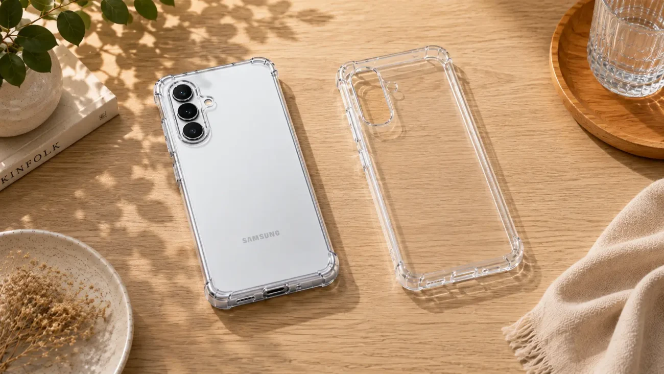 Prozorni Ovitki za Samsung Galaxy A26 5G | Poceni-Ovitki.si Samsung smartphone in a clear protective case on a wooden table with an extra clear case nearby and a plant in the background.