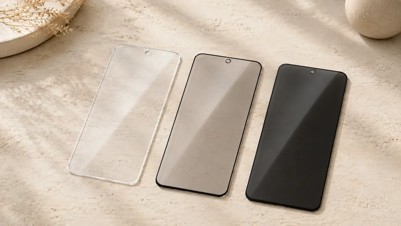 Zaščitna stekla za Samsung Galaxy A27 5G | Poceni-Ovitki.si Three smartphone screen protectors laid out on a beige surface: clear, lightly tinted with a black edge, and fully tinted dark, each with a camera cutout at the top.