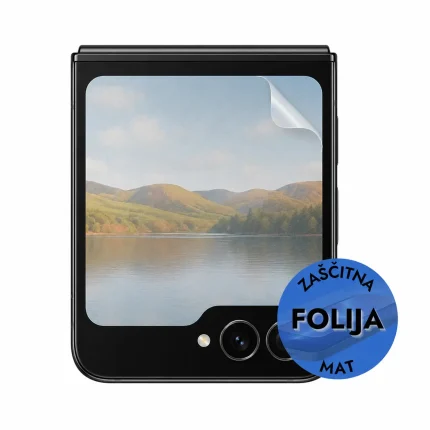 Smartphone with a matte screen protector partially peeled back, showing a landscape image on the display, and a blue circular seal reading 'ZAŠČITNA FOLIJA MAT'