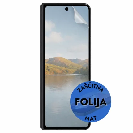 Smartphone with a blue circular sticker reading 'ZAŠČITNA FOLIJA MAT' on the lower-right, indicating a matte protective film
