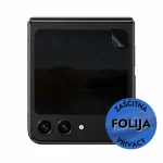 Foldable black smartphone back with two camera lenses and privacy sticker overlapping the bottom right corner.
