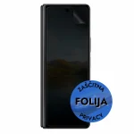 Black smartphone with a privacy screen protector sticker in the bottom-right corner that says 'ZAŠČITNA FOLIJA PRIVACY'.