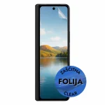 Black smartphone with a clear screen protector overlay, the protective sticker partially peeled back. A blue circular label on the lower right reads 'ZAŠČITA FOLIJA CLEAR'.