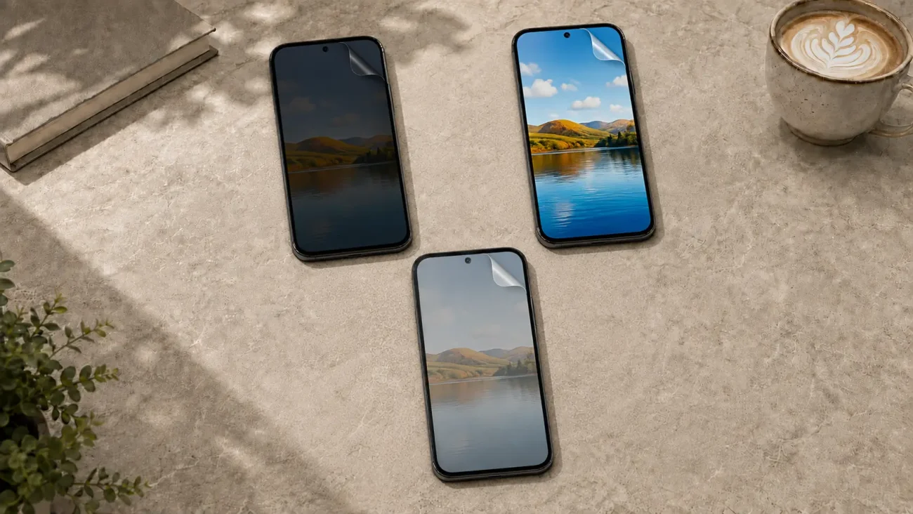 Zaščitne folije za Samsung Galaxy A55 5G | Poceni-Ovitki.si Four smartphones laid on a stone table with nature wallpaper on each screen and a coffee cup in the top-right corner.
