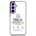 Phone case design featuring branding text 'TVOJA FOTOGRAFIJA' and a purple camera module on the top-left; white background and blue/orange typography.