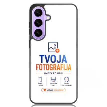 Phone case design featuring branding text 'TVOJA FOTOGRAFIJA' and a purple camera module on the top-left; white background and blue/orange typography.