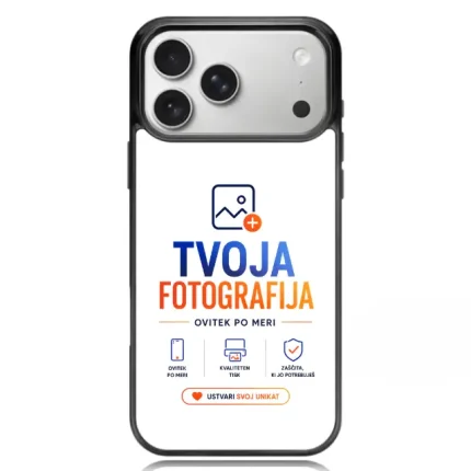 Smartphone showing app splash: 'TVOJA FOTOGRAFIJA' in blue and orange, small feature icons, and an orange 'USTVARI SVOJ UNIKAT' button.