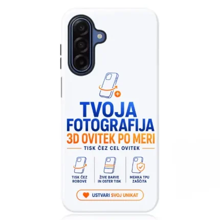 White phone case with blue and orange text advertising a custom 3D-printed case, plus step icons and a button reading 'Ustvari svoj unikát' (Create your unique).