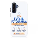 White smartphone case with blue and orange text 'Tvoja fotografija 3D ovitek po meri' and a small icon above.