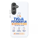 Phone case mockup advertising custom 3D-printed photo case with blue and orange text and icons at the bottom, in a white design aesthetic.