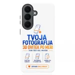 White phone case with blue and orange text advertising a personalized 3D-printed case in Croatian: 'Tvoja fotografija 3D ovitek po meri' and small feature icons with a 'Ustvari svoj unikаt' button.