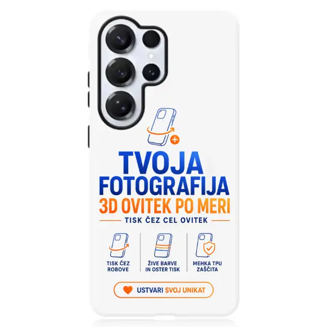 Phone case with blue Croatian text advertising a 3D custom case and a row of customization icons with a CTA button.