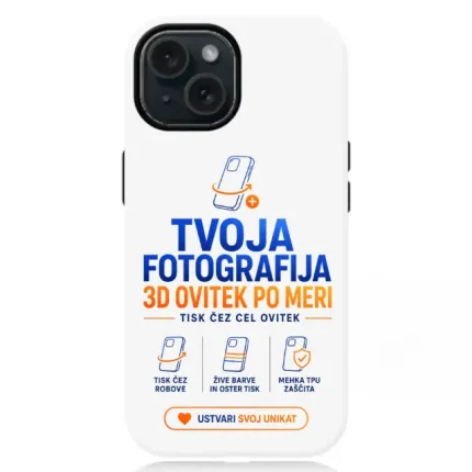 Promotional image for a custom 3D-printed phone case with blue-orange text and icons;
