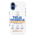 White phone case with blue and orange text 'Tvoja Fotografija 3D ovitek po meri' and small icons.