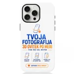 White smartphone case with blue and orange text advertising a custom 3D-printed photo case and a 'Create your own' CTA in Croatian.