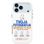 Phone case showing an ad for a custom 3D-printed photo keepsake, with blue/orange text and three feature icons.
