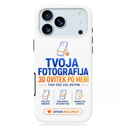 White smartphone case with blue and orange text in Slovenian advertising a custom 3D-printed case, showing small icons and a button that says 'USTVARI SVOJ UNIKAT' in orange.