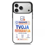 iPhone screen displaying a MagSafe photography ad 'Tvoja Fotografija' in blue and orange on a white background