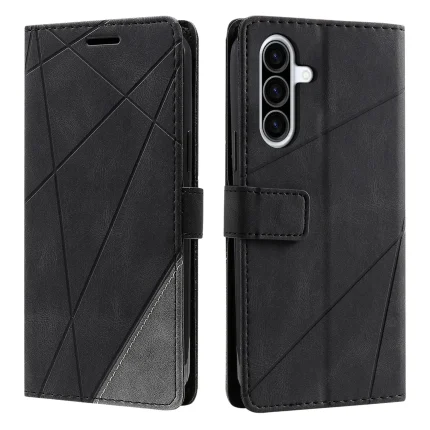 Two views of a black geometric leather flip phone case: closed front cover on the left and back view on the right with a camera cutout and magnetic strap