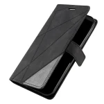 Black leather folio phone case with geometric stitched pattern and magnetic strap, viewed closed