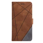 Elegantna_flip_line_torbica-Samsung_Galaxy_A27_5G-rjava-2 | Poceni-Ovitki.si Brown leather wallet-style phone case with geometric diagonal stitching and a gray lower panel.