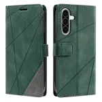 Green leather folio-style phone case with diagonal geometric stitching, shown from front and back views.