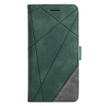 Green leather folio phone case with geometric diagonal panels and visible stitching on the front.