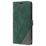 Green geometric leather phone case with stitched edges and side strap (folio style)