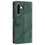 Green leather wallet-style phone case with a magnetic strap, shown from the back over a phone with a triple-camera setup