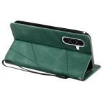 Green wallet-style phone case with a tri-camera cutout and attached wrist strap, angled to show the back.