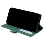 Green leather folio phone case holding a black smartphone angled for display, screen off