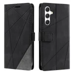 Black wallet-style phone case with a geometric, intersecting line pattern and a magnetic strap, shown from front and back views. For a smartphone with a triple-camera module on the back.
