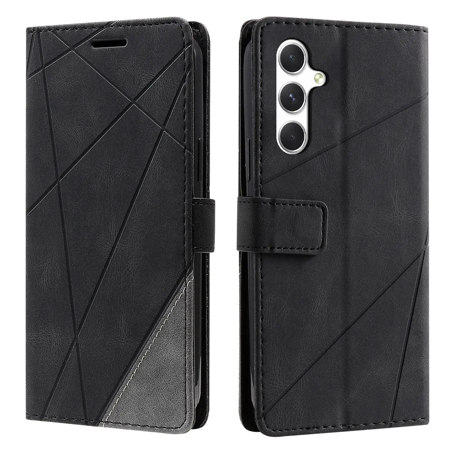 Elegantna_flip_line_torbica-Samsung_Galaxy_S26_FE-crna-1 | Poceni-Ovitki.si Black wallet-style phone case with a geometric, intersecting line pattern and a magnetic strap, shown from front and back views. For a smartphone with a triple-camera module on the back.