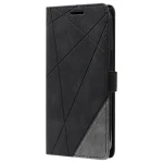 Elegantna_flip_line_torbica-Samsung_Galaxy_S26_FE-crna-3 | Poceni-Ovitki.si Black geometric-pattern phone case with diagonal stitching and a closing strap, viewed from the side.