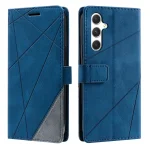 Blue geometric-style back-to-back smartphone wallet case with a magnetic strap, shown from front and back.
