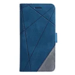 Blue leather wallet-style phone case with geometric diagonal stitching and panel seams close-up