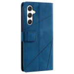 Blue leather-style wallet phone case with a magnetic strap, back shows a triple-camera module and diagonal stitching