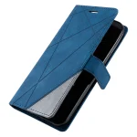 Blue leather flip phone case with geometric diagonal stitching and a magnetic strap