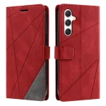 Red geometric wallet-style phone case with magnetic clasp, showing front and back views and a triple-camera cutout on the back