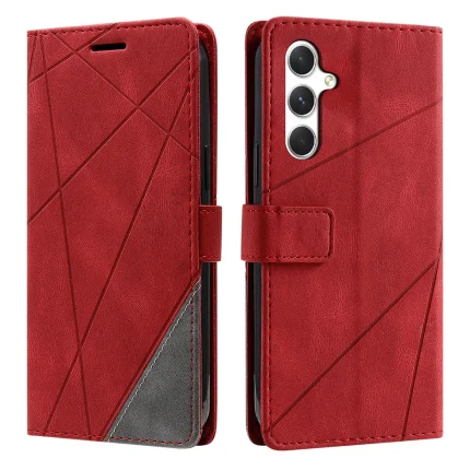 Red geometric wallet-style phone case with magnetic clasp, showing front and back views and a triple-camera cutout on the back