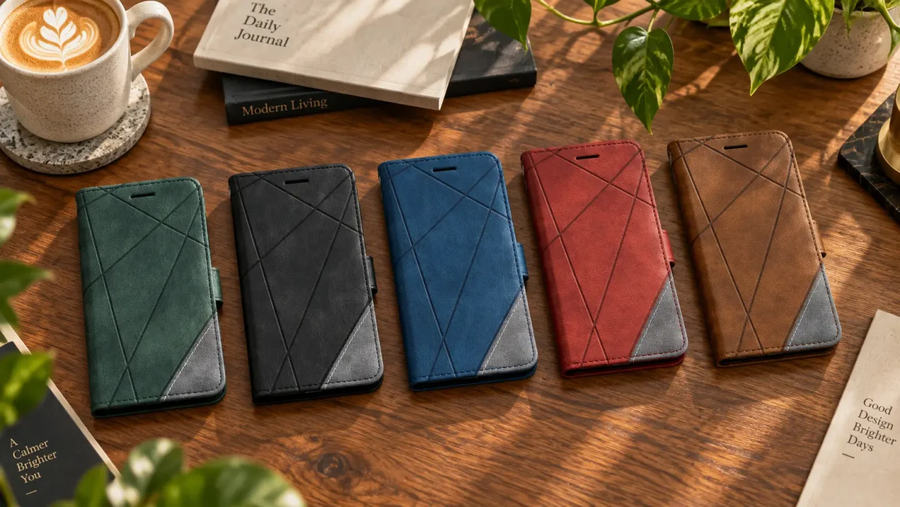 Five geometric-patterned leather wallet-style phone cases in green, black, blue, red, and brown lined up on a wooden table with a coffee cup, books, and plants nearby.