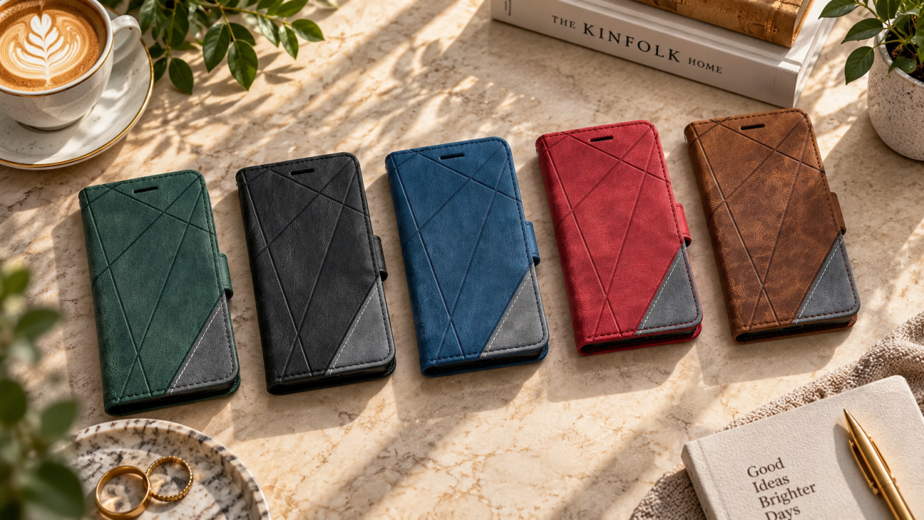 Flip Line torbice za Samsung Galaxy S25 FE | Poceni-Ovitki.si Five diagonal-stitch leather wallet-style phone cases in green, black, blue, red, and brown arranged on a marble table.