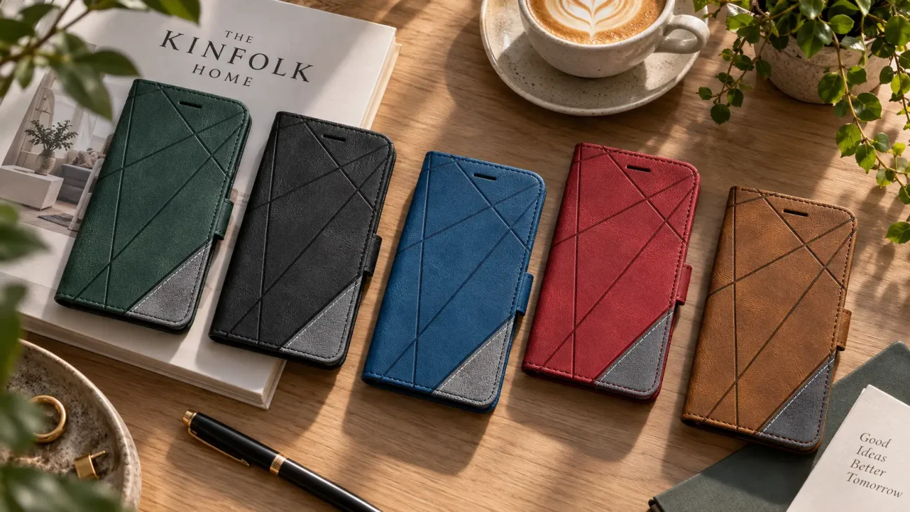 Row of geometric-patterned phone wallet cases in green, black, blue, red, and brown on a wooden desk, next to a coffee cup and Kinfolk magazine