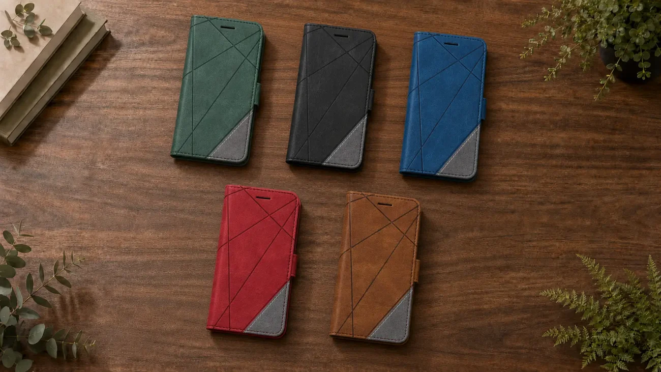 Flip Line torbice za iPhone 17 Pro Max | Poceni-Ovitki.si Five leather wallet-style phone cases in green, black, blue, red, and brown with diagonal stitching on a wooden desk.