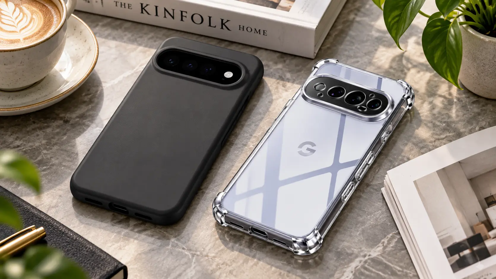 Two smartphones with protective cases lie on a marble tabletop beside a coffee cup and a plant, one in a black case and one in a clear case showing a multi-lens camera array.