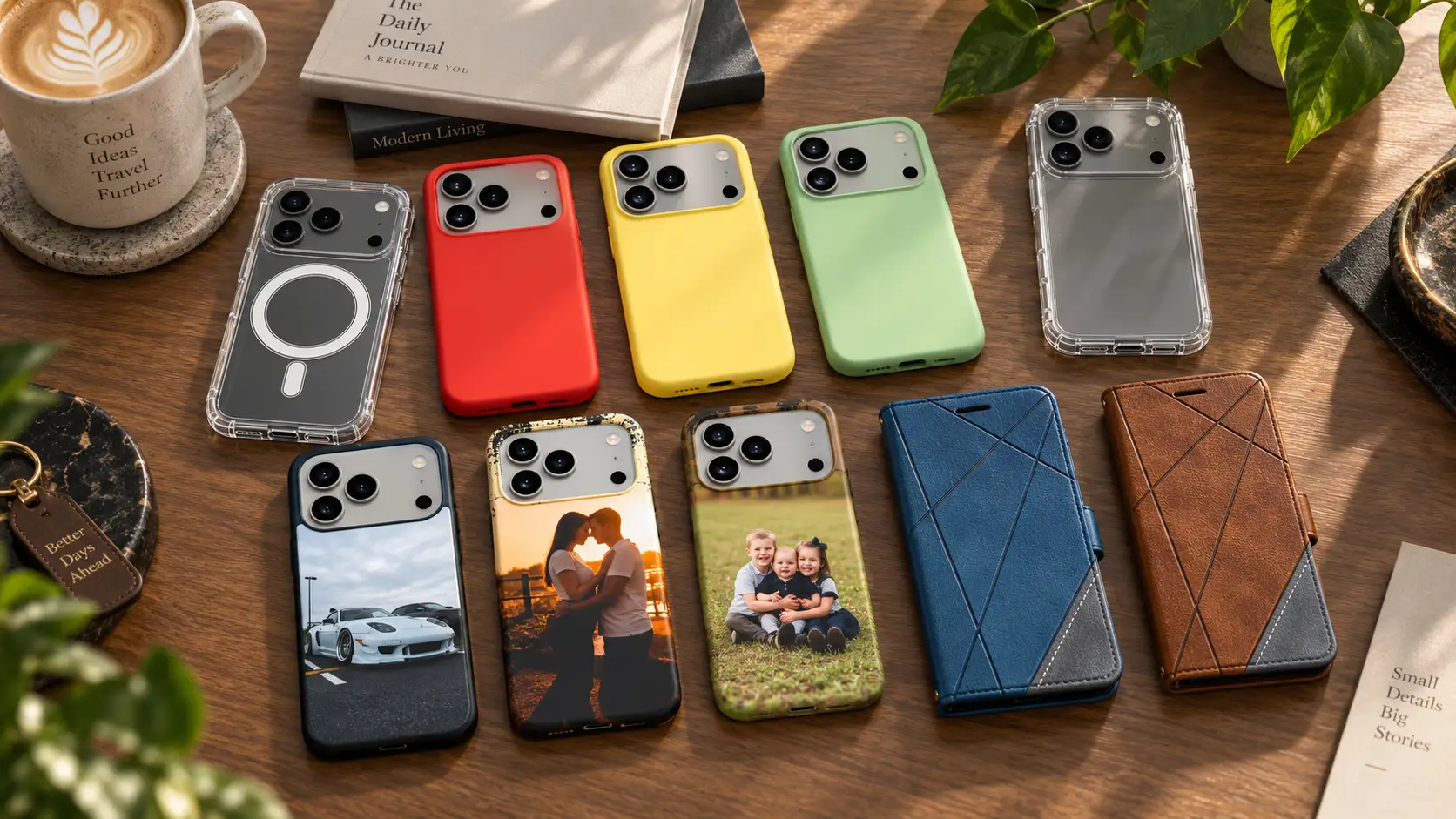 Ovitki za iPhone 18 Pro Max | Poceni-Ovitki.si Assorted smartphone cases in various colors and photo images are arranged on a wooden table beside a latte, notebook, and plants, showcasing different back designs.